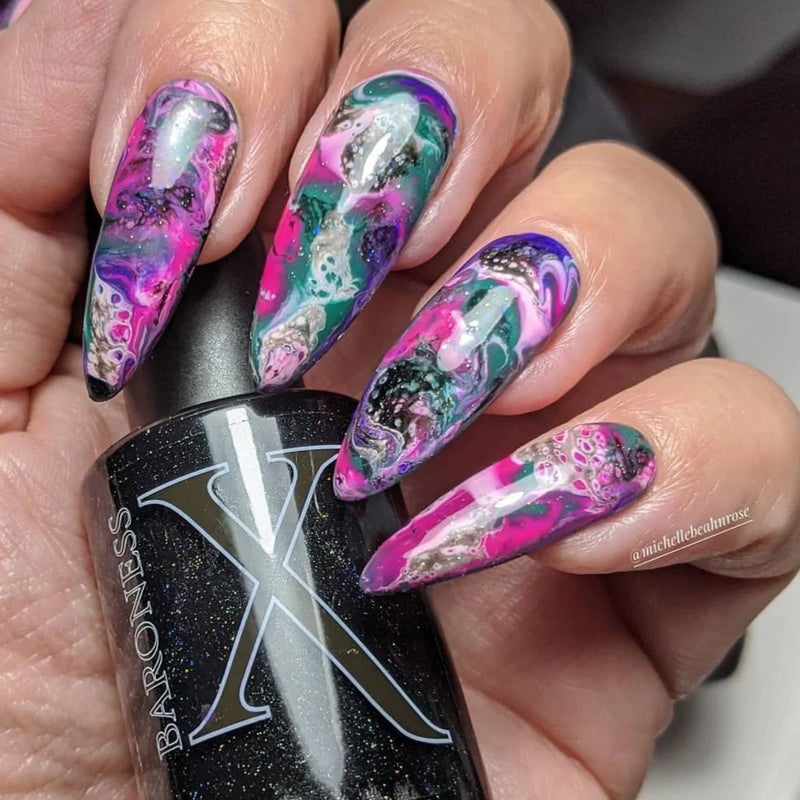 X Marks the Spot - Fluid Art Polish - Black Holographic by Baroness X